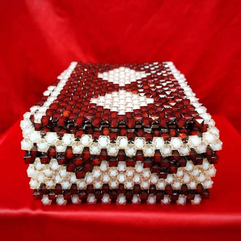Vintage Beaded Jewelry Box Red White Lucite Plastic Handmade Trinket Box